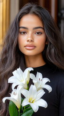 Naklejka premium Young woman gracefully holding white lilies, conveying purity and spiritual devotion with a gentle expression, her dark hair and elegant simple attire highlighting a timeless essence