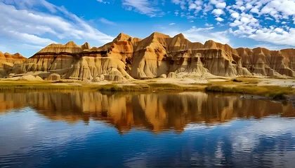 Tableau sur plexiglas Réflexion Dramatic sandstone formations reflected in tranquil water under a blue sky with fluffy clouds. Golden light. Desert landscape  © Adib