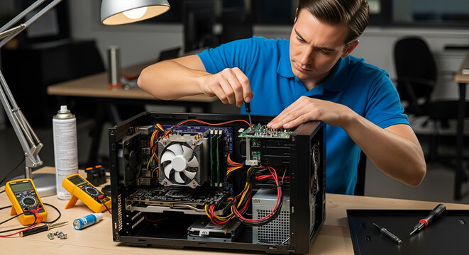 Technician repairing computer hardware components on workbench demonstrating electronics maintenance and professional IT service work