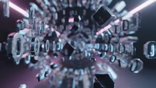 Abstract Digital Binary Code Tunnel with Glowing Neon Lights.
