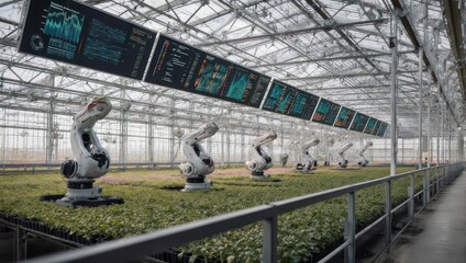 Naklejka premium Robotic arms in a greenhouse with monitoring screens.