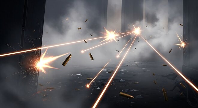 Intense graphic scene showing multiple muzzle flashes and bullet trajectories in a dark interior