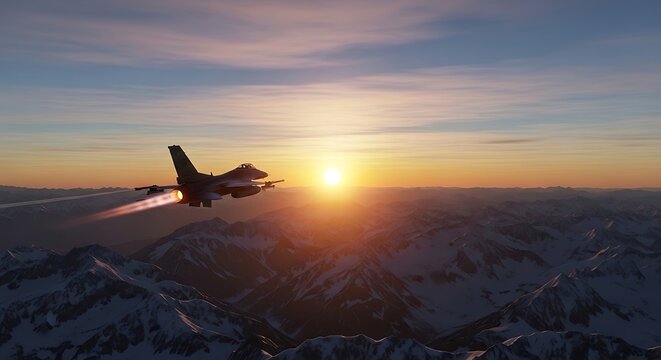 Jet fighter at sunset over snow-capped mountains