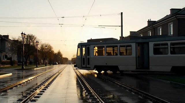 Vintage tram on rails at sunset reflecting in wet street surface