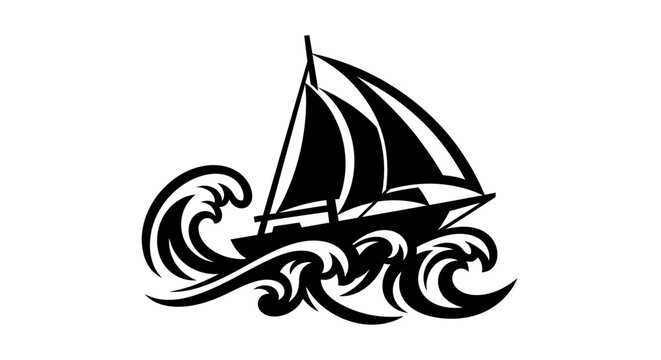 A black sailboat riding on waves in a stylized illustration