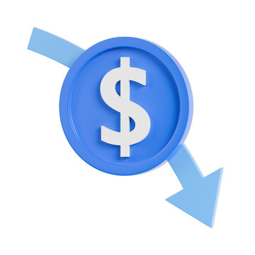 Blue 3D dollar coin with a downward pointing arrow symbolizing decrease in profit, financial downturn, market fall and business losses