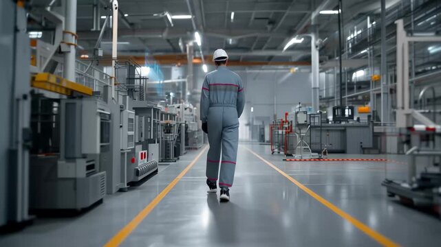 A worker strolls through a modern manufacturing facility filled with advanced machinery. Digital displays shimmer with data and schematics, showcasing innovation in action and a vision for the future.