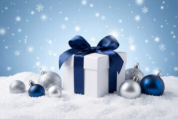 White christmas gift box with a blue ribbon and ornaments in the snow