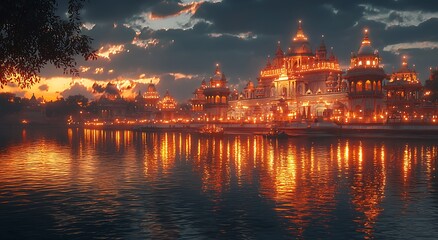 Fototapeta premium Ayodhya temple spiritual architecture glowing reflection image photo picture