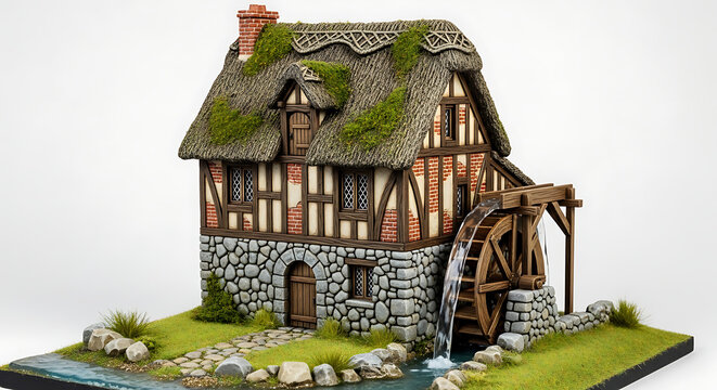 Medieval watermill with thatched roof isolated on a transparent background