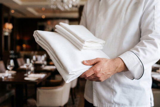 Chef hands holding white linen tablecloth and napkins in restaurant