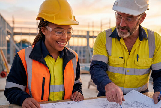 Female construction trainee reviewing blueprints with mentor on site