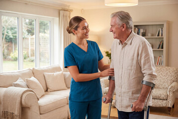 Obraz premium Female caregiver helping a senior man walk with crutches during a home care visit