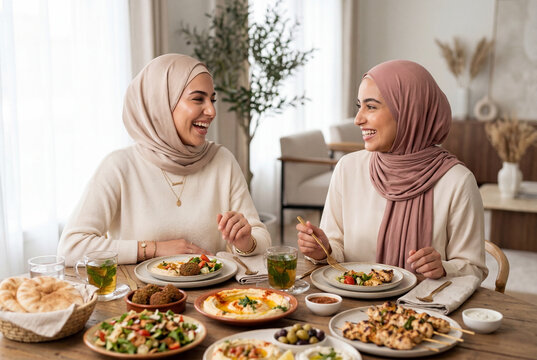 Muslim women in hijabs sharing Middle Eastern food at table