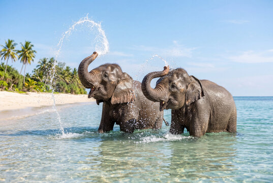 Two elephants playing and splashing in clear ocean water near beach
