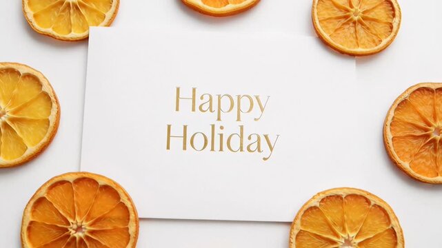 Zoom in on a Happy Holiday greeting card with gold text surrounded by dried orange slices on a white background flat lay