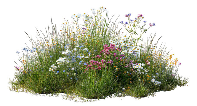Isolated wildflower patch, lush summer meadow blooms, tall grass plants, scenic herbal groundcover