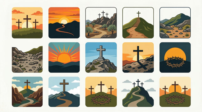 Calvary Hill Icon Set &ndash; Three Crosses, Sunset, and Crucifixion Symbols Flat Design