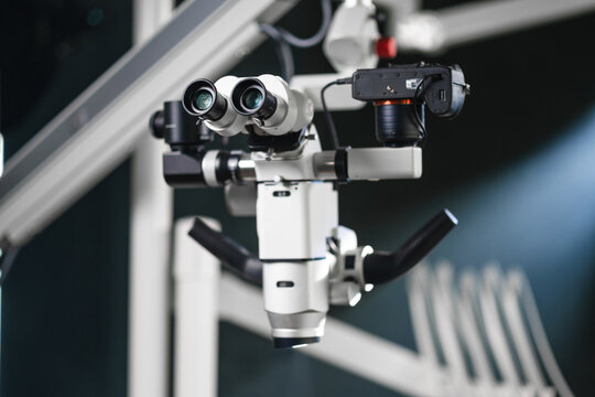 Crystalline Metallic Surfaces Of Professional Surgical Microscope Equipped With Camera And Optical Components