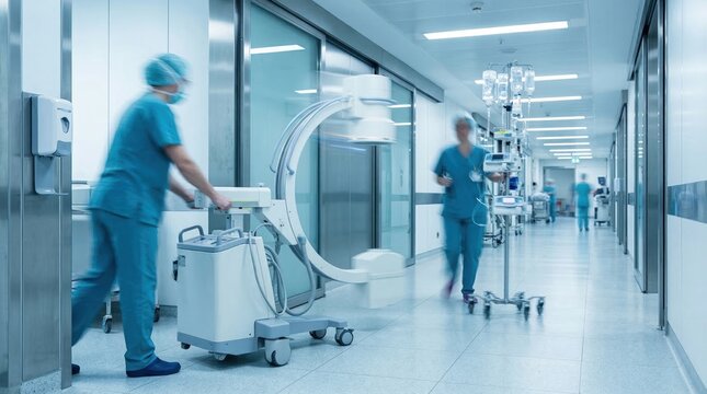 Healthcare workers moving medical equipment in busy hospital hallway