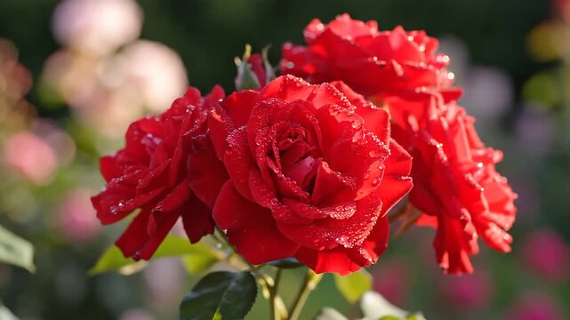 Closeup of vibrant red roses blooming in a garden.