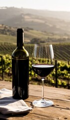 Red Wine Bottle and Glass on Wooden Table with Vineyard Background