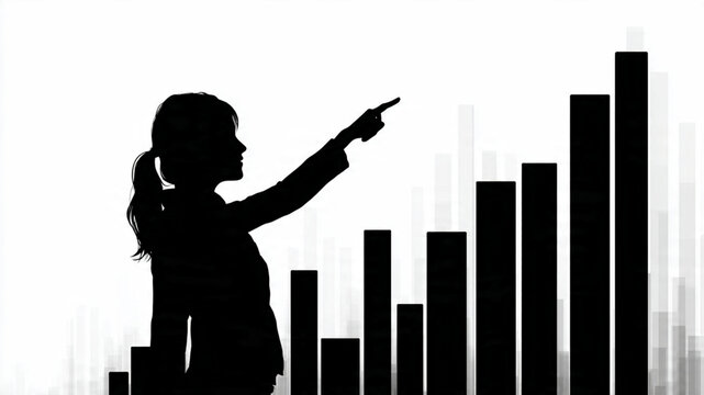 silhueta de mulher de negocios apontando para grafico de crescimento fundo branco isolado conceito sucesso empresarial