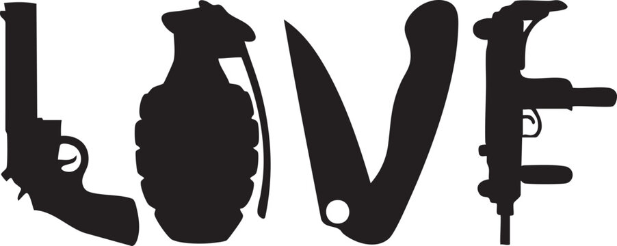 The word LOVE formed by silhouettes of weapons a conceptual illustration for anti-war or conflict themes isolated on white