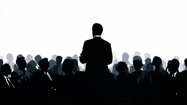 silhueta de homem palestrando para plateia conceito apresentacao lideranca e comunicacao isolado em fundo branco