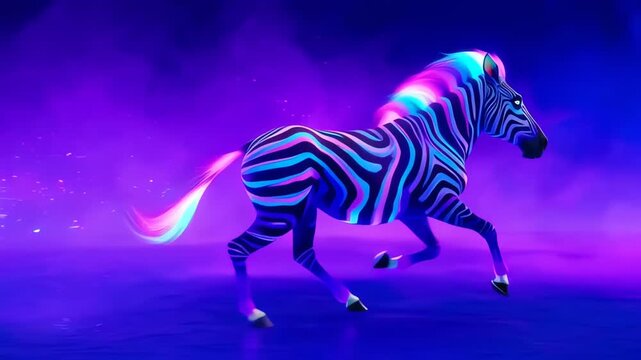 Neon Glowing Zebra Running Through a Cosmic Blue Landscape