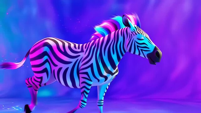 Animated Zebra Running with Colorful Mane on Neon Background