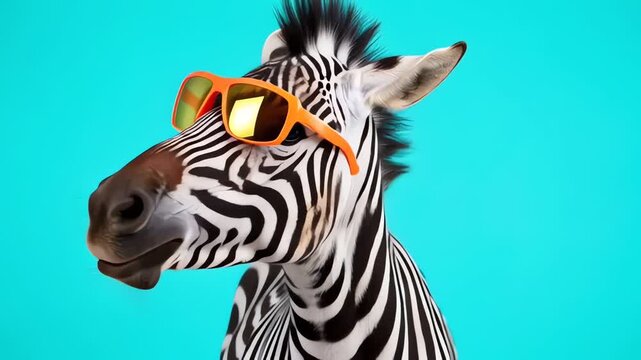 Funny zebra wearing orange sunglasses against a bright blue background