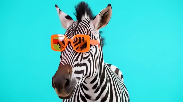 Cool Zebra Wearing Orange Sunglasses on Blue Background
