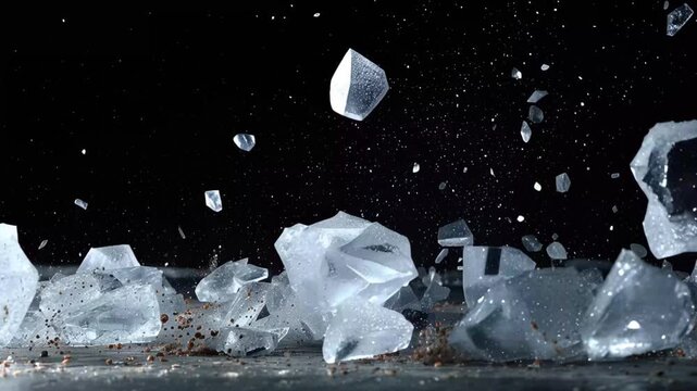 Large chunks of ice explode dramatically, sending shimmering fragments into the air. This captivating display reveals the delicate intricacies hidden beneath the surface, celebrating natures power.