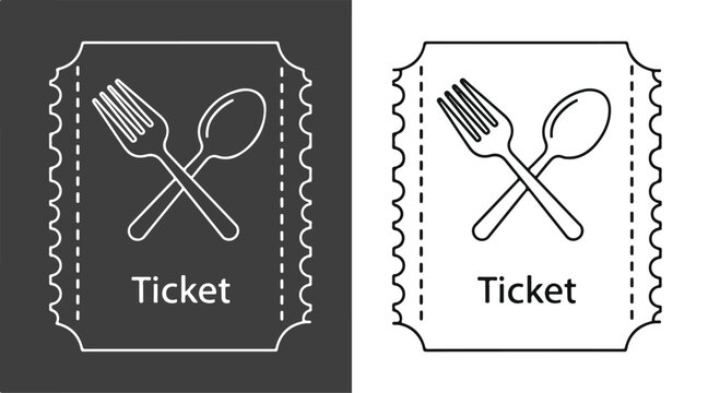 Black and white illustration of two restaurant tickets with crossed fork and spoon on a solid black and white background.