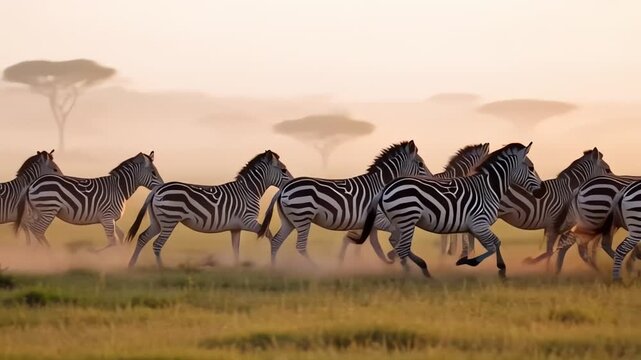 Herd of zebras running across the African savanna at sunrise