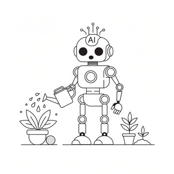 A friendly ai robot character watering potted plants in a simple black and white line art style