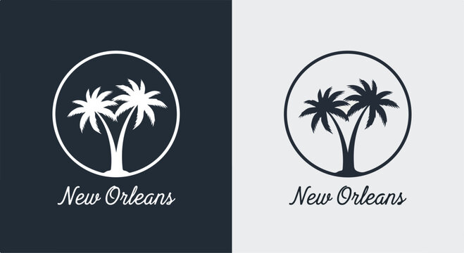 Two variations of a New Orleans logo featuring palm trees in a circle on dark and light backgrounds.