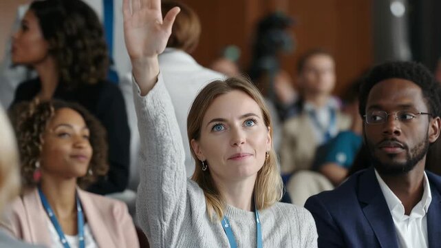 In a vibrant conference hall, a young woman eagerly raises her hand to contribute, while others listen with interest. The atmosphere buzzes with ideas, discussions, and collaboration among attendees.