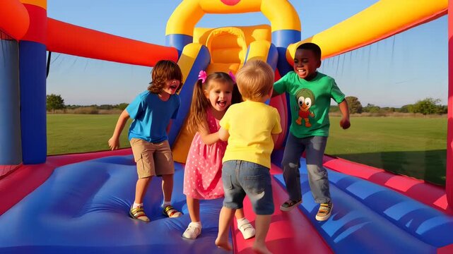 Happy kids jumping together in a colorful inflatable bounce house
