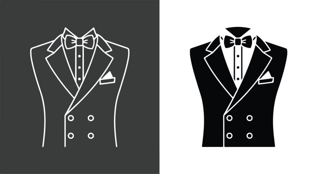 Vector illustration of two tuxedo jackets with white outlines on dark and light backgrounds, showcasing formal wear designs.