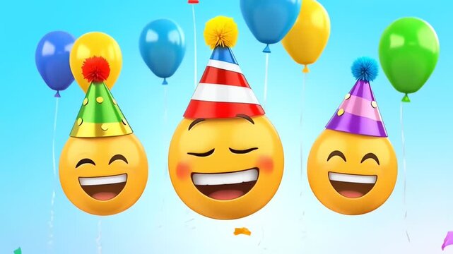 Animated Emojis Celebrating with Party Hats Balloons and Confetti