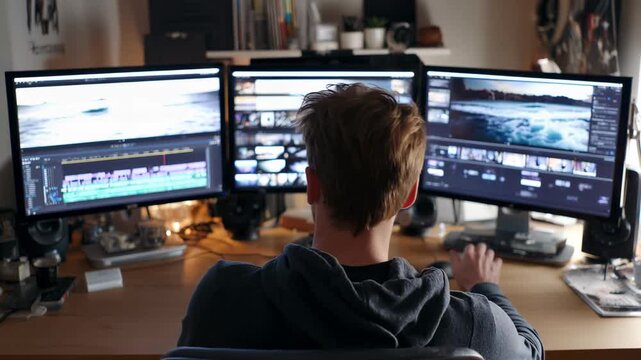 In a cozy workspace filled with inspiration, a dedicated editor crafts a stunning visual narrative. Multiple screens flicker with color as editing transforms raw footage into art.