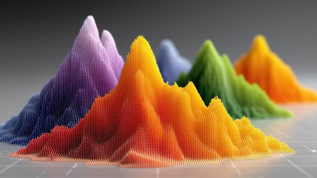 Colorful 3D data visualization of mountains represented by vibrant peaks in purple, orange, green, and yellow, showcasing a dynamic progression of shapes and colors