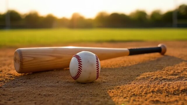 Baseball and Wooden Bat on the Pitch During Golden Hour Sunset