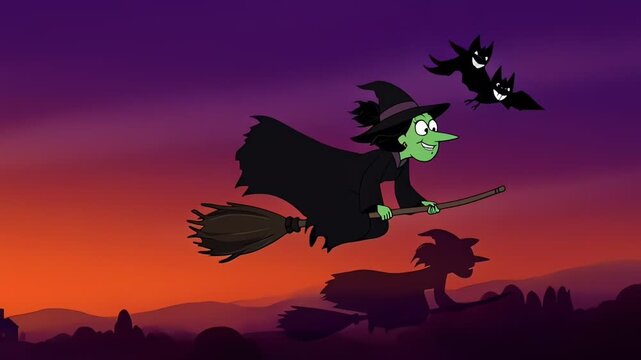 Cartoon Witch Flying on Broomstick with Bats at Sunset