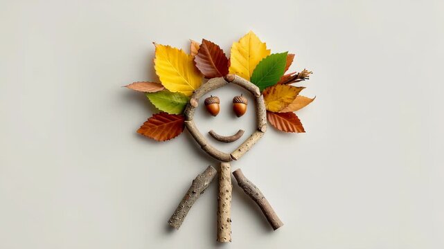 Stick figure made of twigs and leaves with acorn eyes and a smiling face, showcasing a creative autumn-themed decoration on a light background