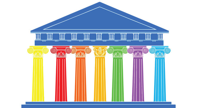 Flat design illustration of a building facade with colorful columns and a triangular roof against a white background.