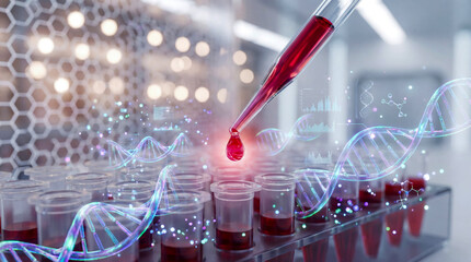 Close-up of Pipette Dropping Red Liquid into Test Tubes Amidst Holographic DNA Strands and Scientific Data Visualizations for Research