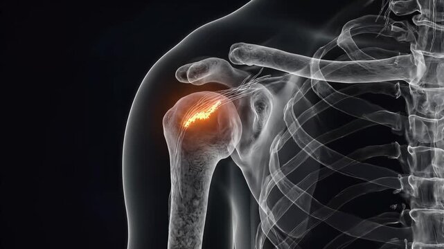 Pulsating Rotator Cuff Pain, cinematic 3D rendering of human shoulder joint and skeletal structure highlighting inflamed tendons on black background